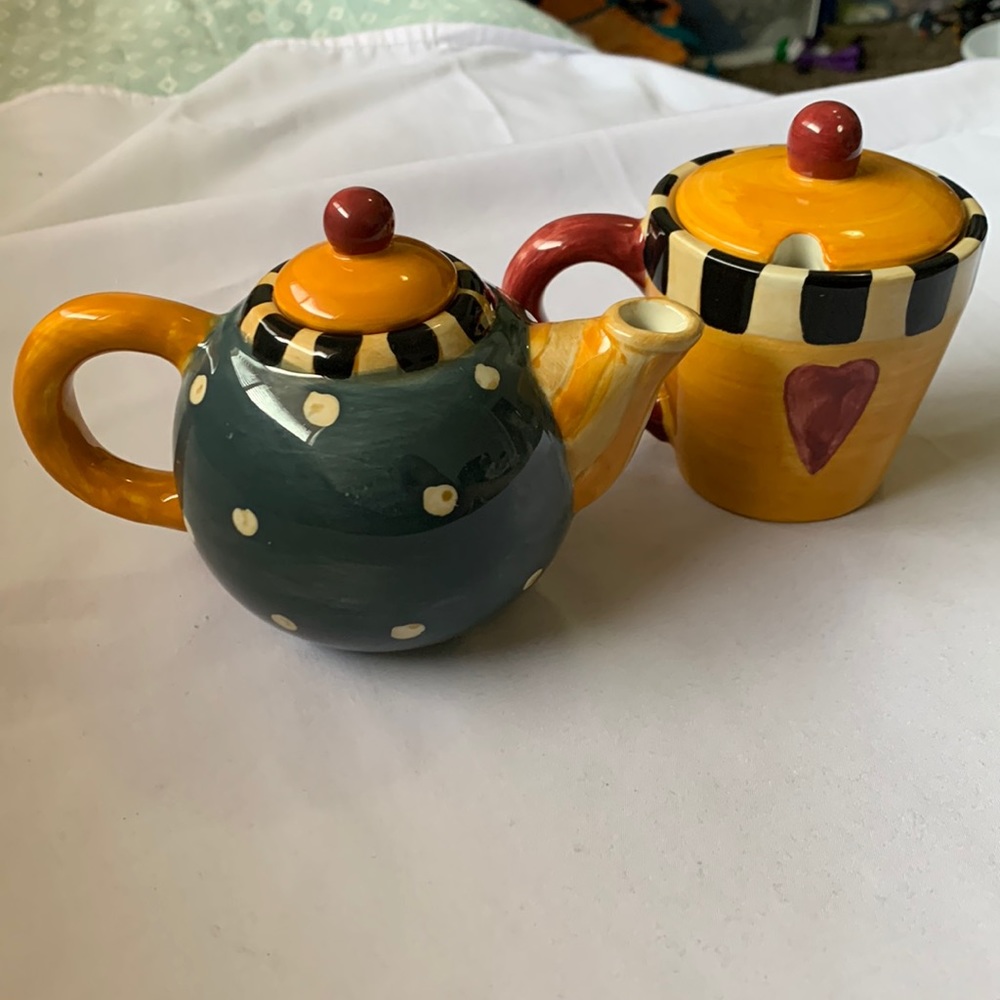 Debbie Mumm Sakura China set hand painted teapot creamer, heart sugar mug w/lid